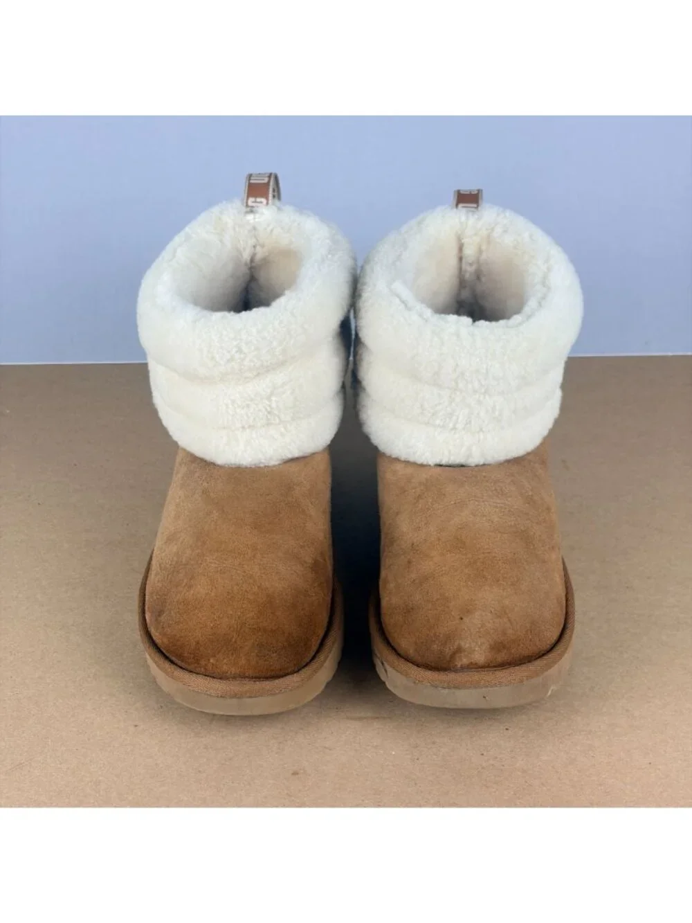 UGG Classic Mini Fluff Quilted Boot Womens 6 Tan Cream Pull On Casual